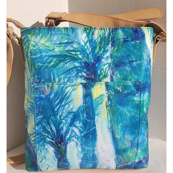 Leoma Lovegrove Art Double Hearts & Palms Crossbody Bag Pink Blue Painted EUC - Picture 5 of 16